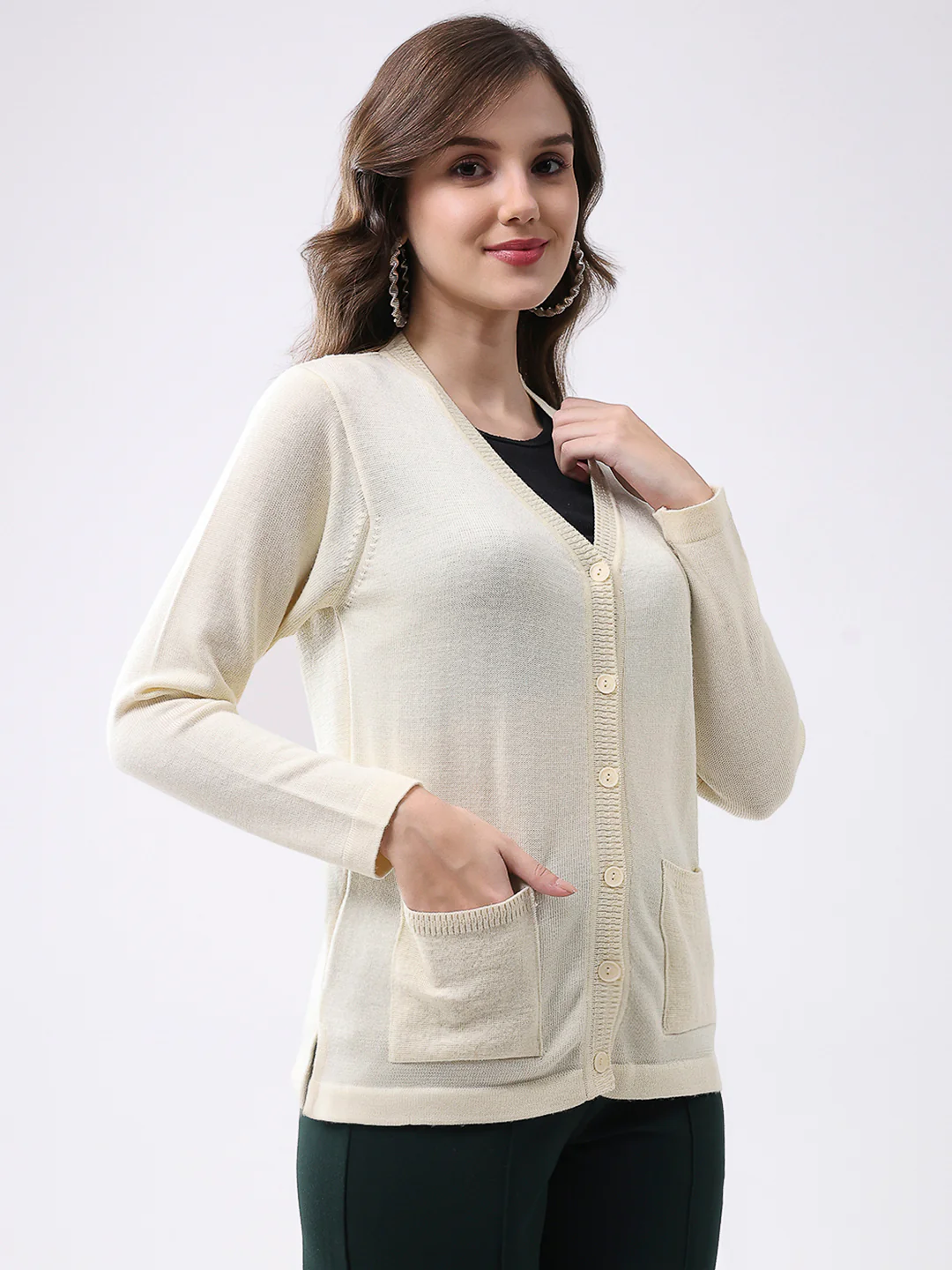 Women Off White Solid V Neck Full Sleeve Cardigan - Image 4