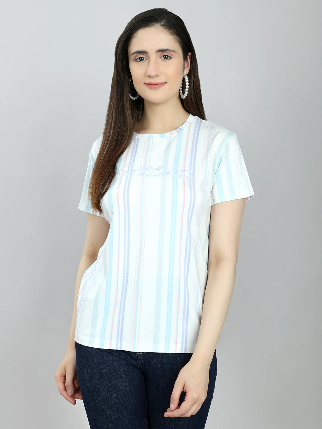 Women Off White Stripe Round Neck Half Sleeve Top