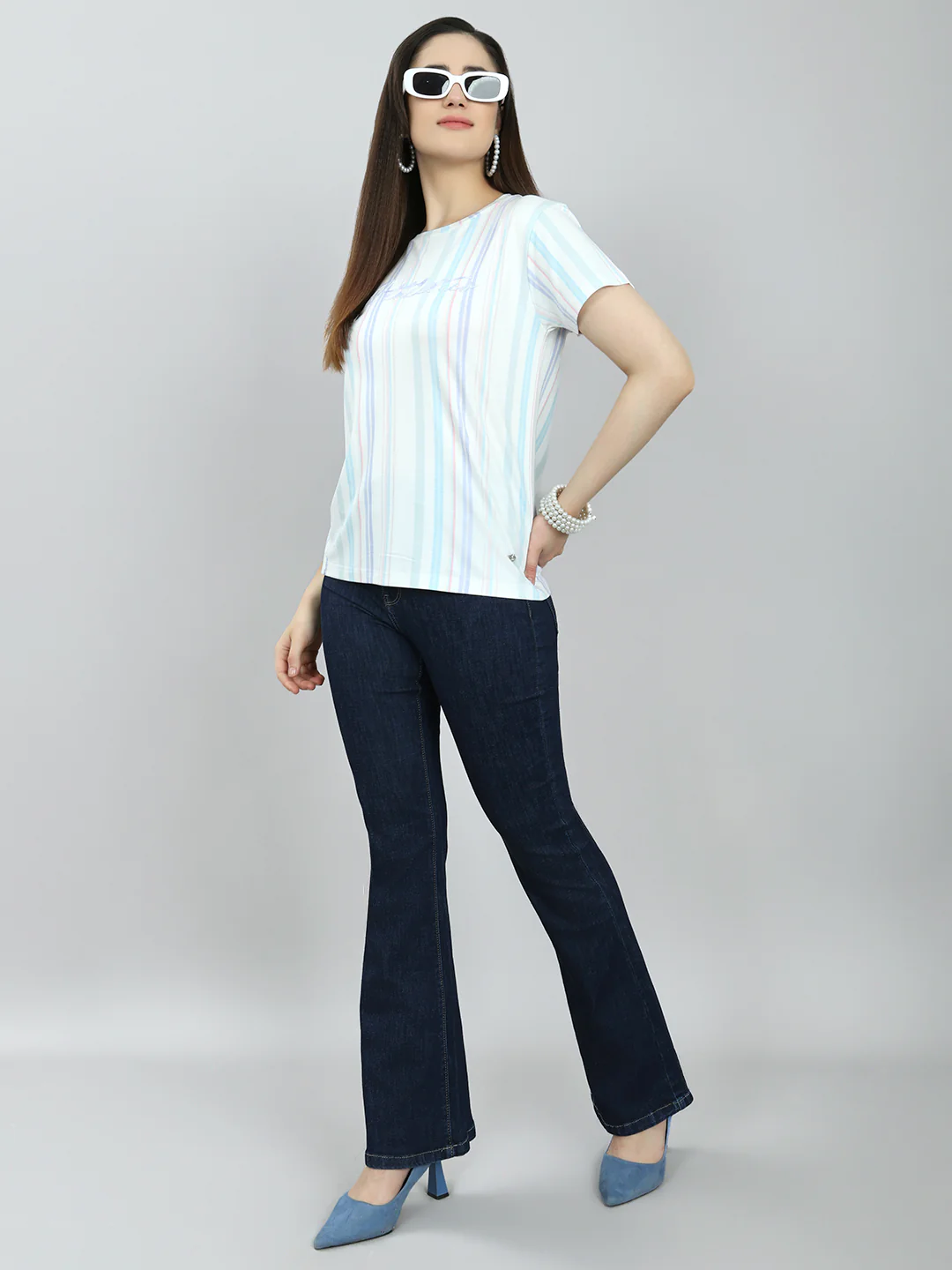 Women Off White Stripe Round Neck Half Sleeve Top - Image 6