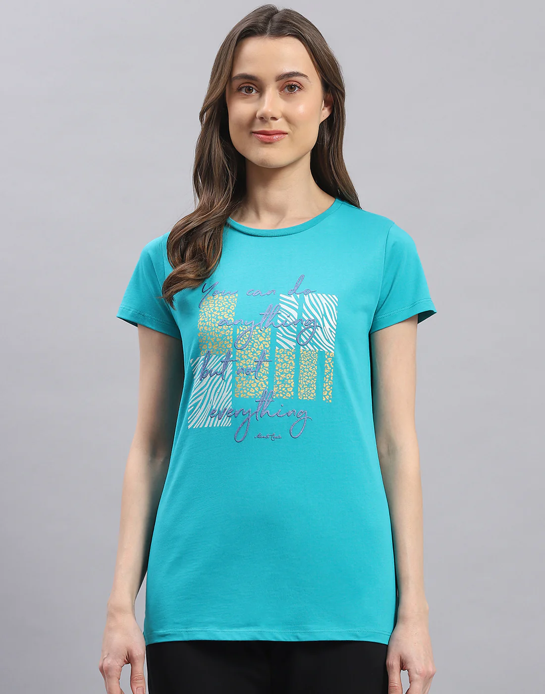 Women Off White & Turquoise Blue Printed Round Neck Half Sleeve Top 2 Pc Set - Image 7