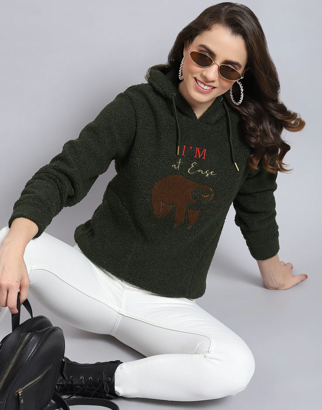 Women Olive Embroidered Hooded Full Sleeve Sweatshirt - Image 2