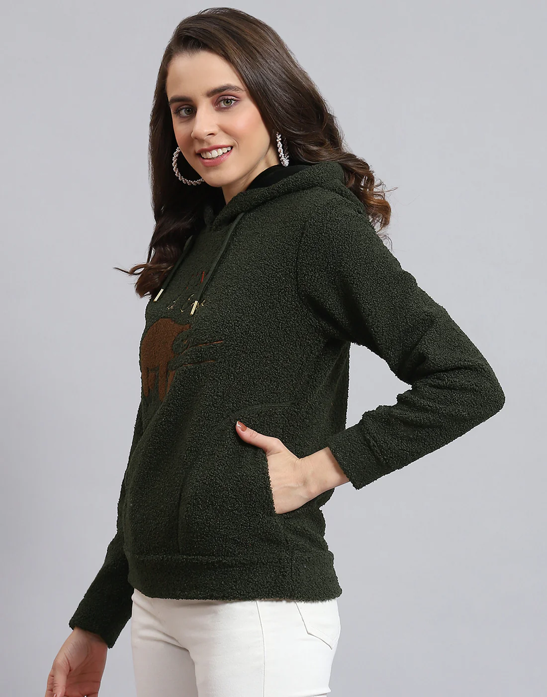 Women Olive Embroidered Hooded Full Sleeve Sweatshirt - Image 4