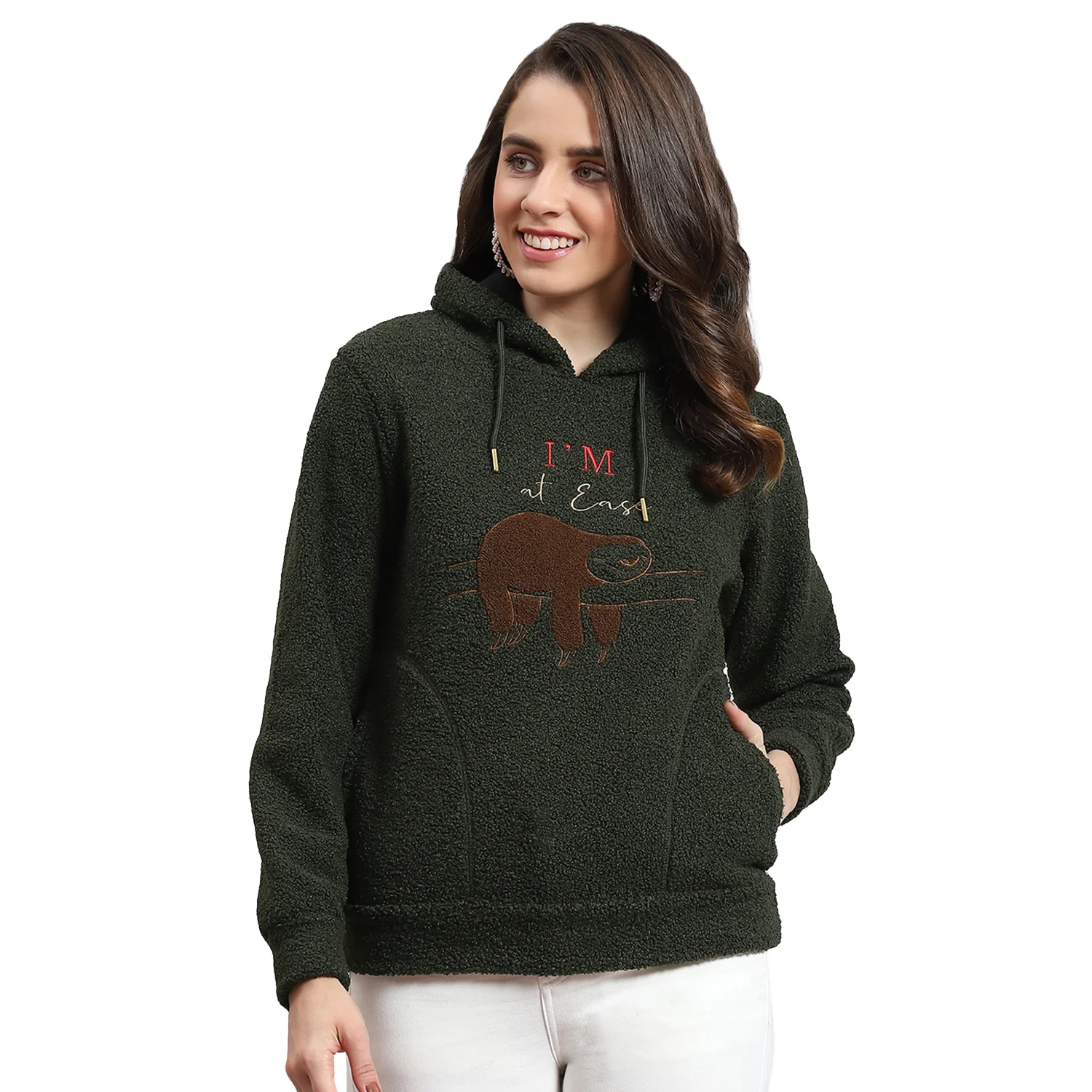 Women Olive Embroidered Hooded Full Sleeve Sweatshirt - Image 5