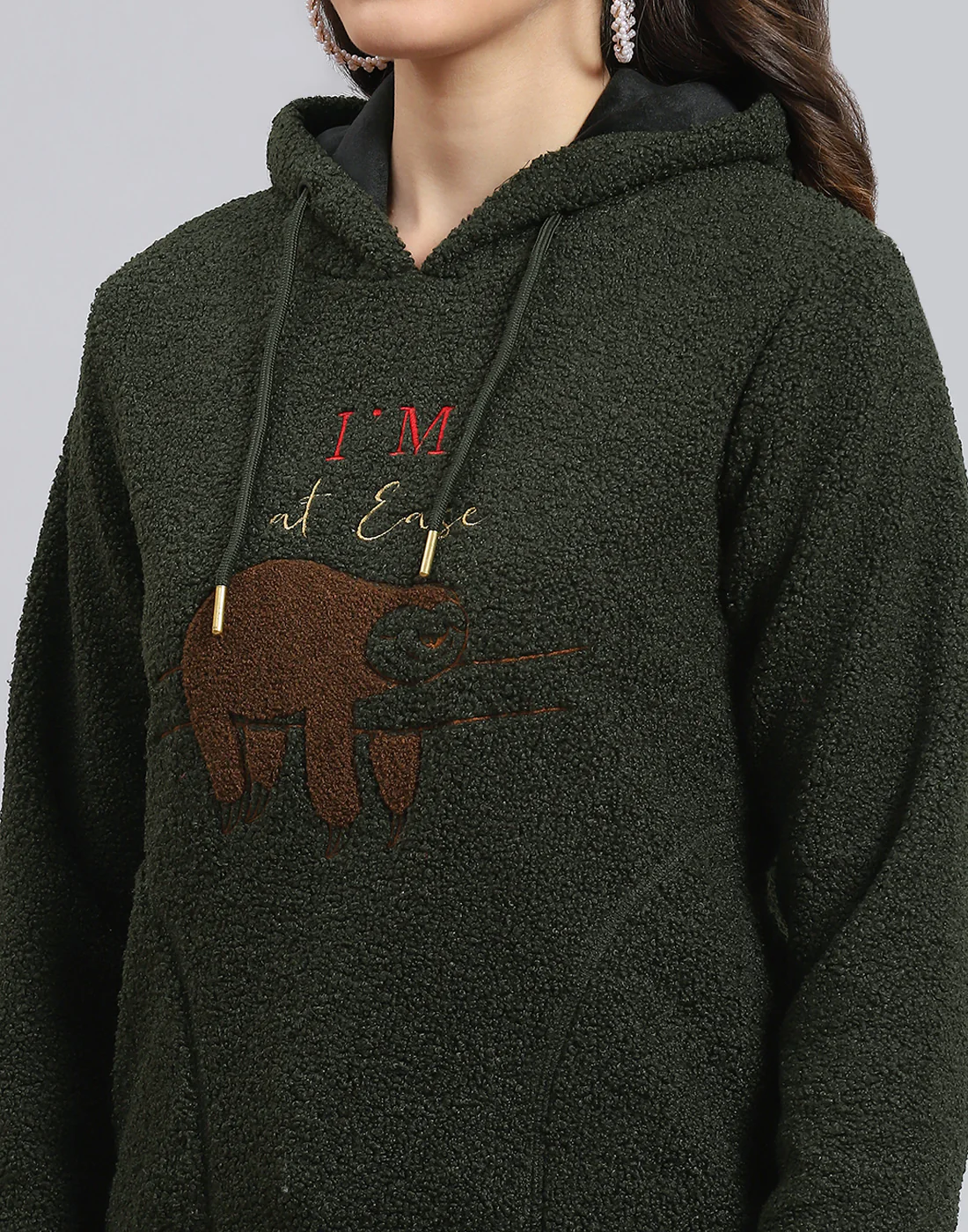 Women Olive Embroidered Hooded Full Sleeve Sweatshirt - Image 8