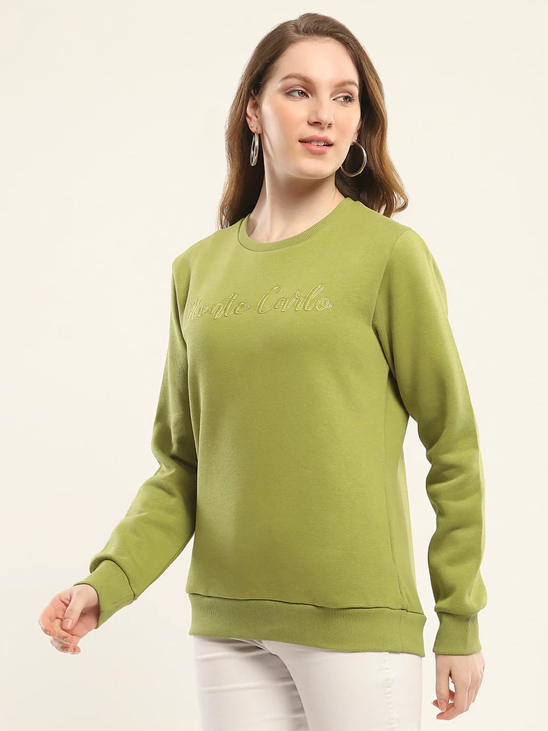 Women Olive Embroidered Round Neck Full Sleeve Sweatshirt - Image 3