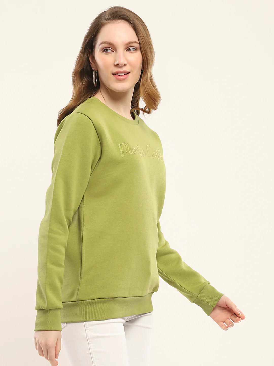 Women Olive Embroidered Round Neck Full Sleeve Sweatshirt - Image 4