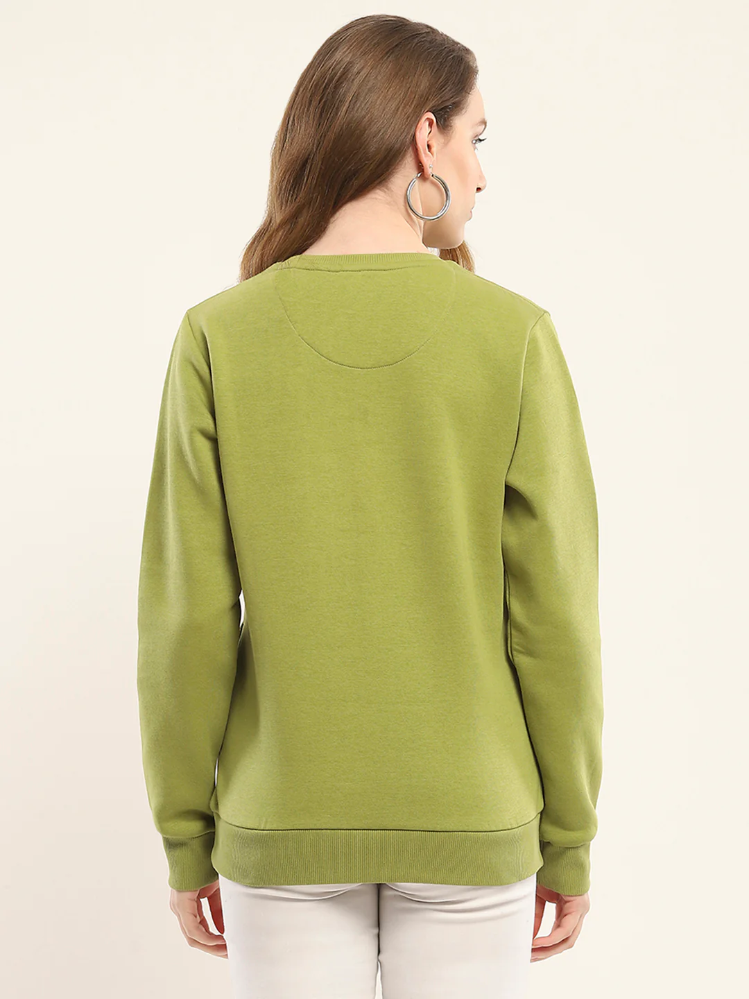 Women Olive Embroidered Round Neck Full Sleeve Sweatshirt - Image 5