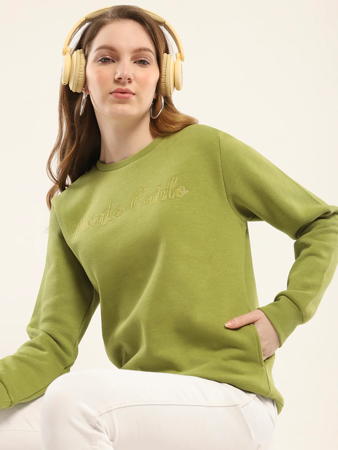 Women Olive Embroidered Round Neck Full Sleeve Sweatshirt - Image 6