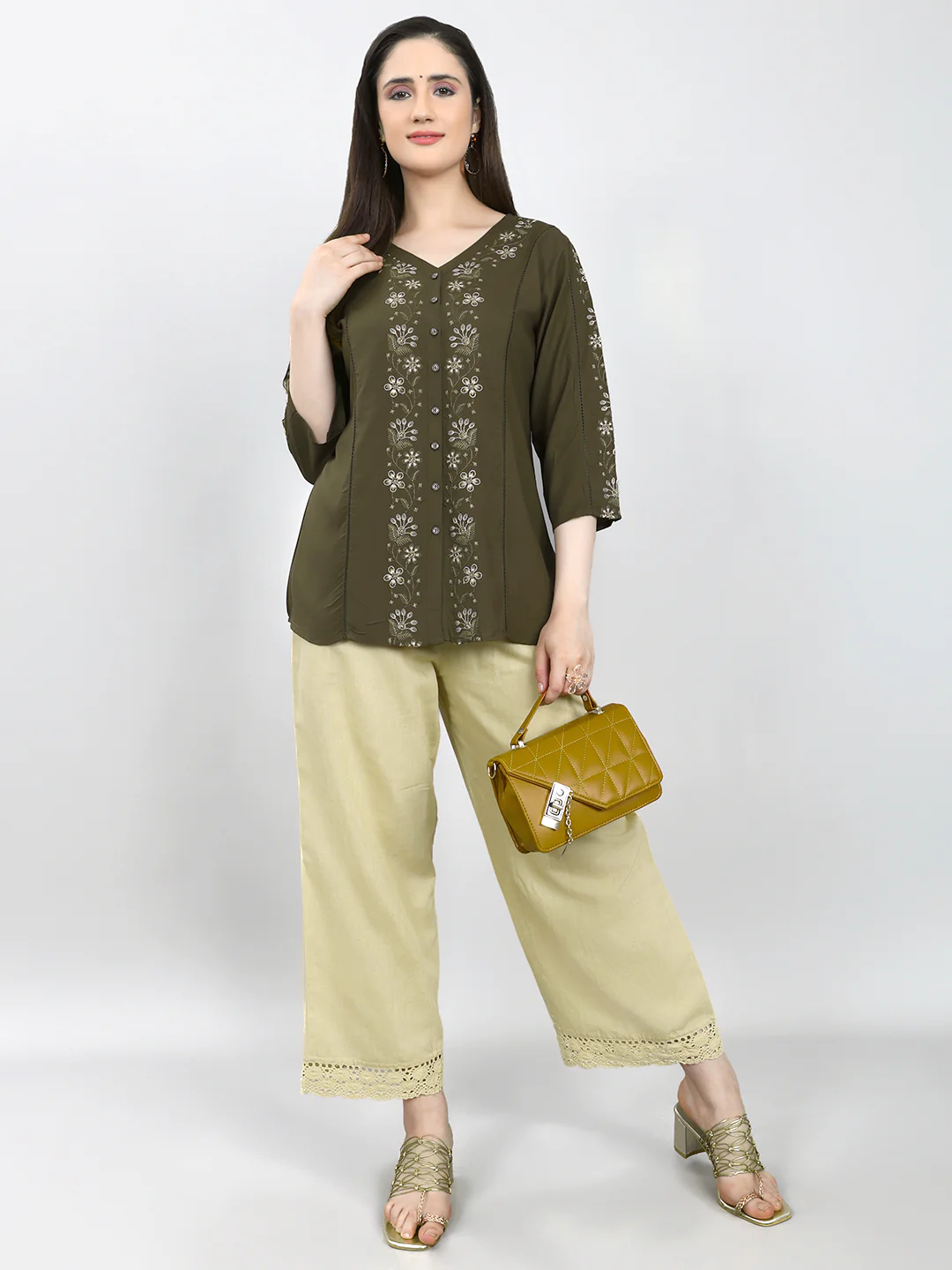 Women Olive Embroidered V Neck 3/4th Sleeve Top - Image 6