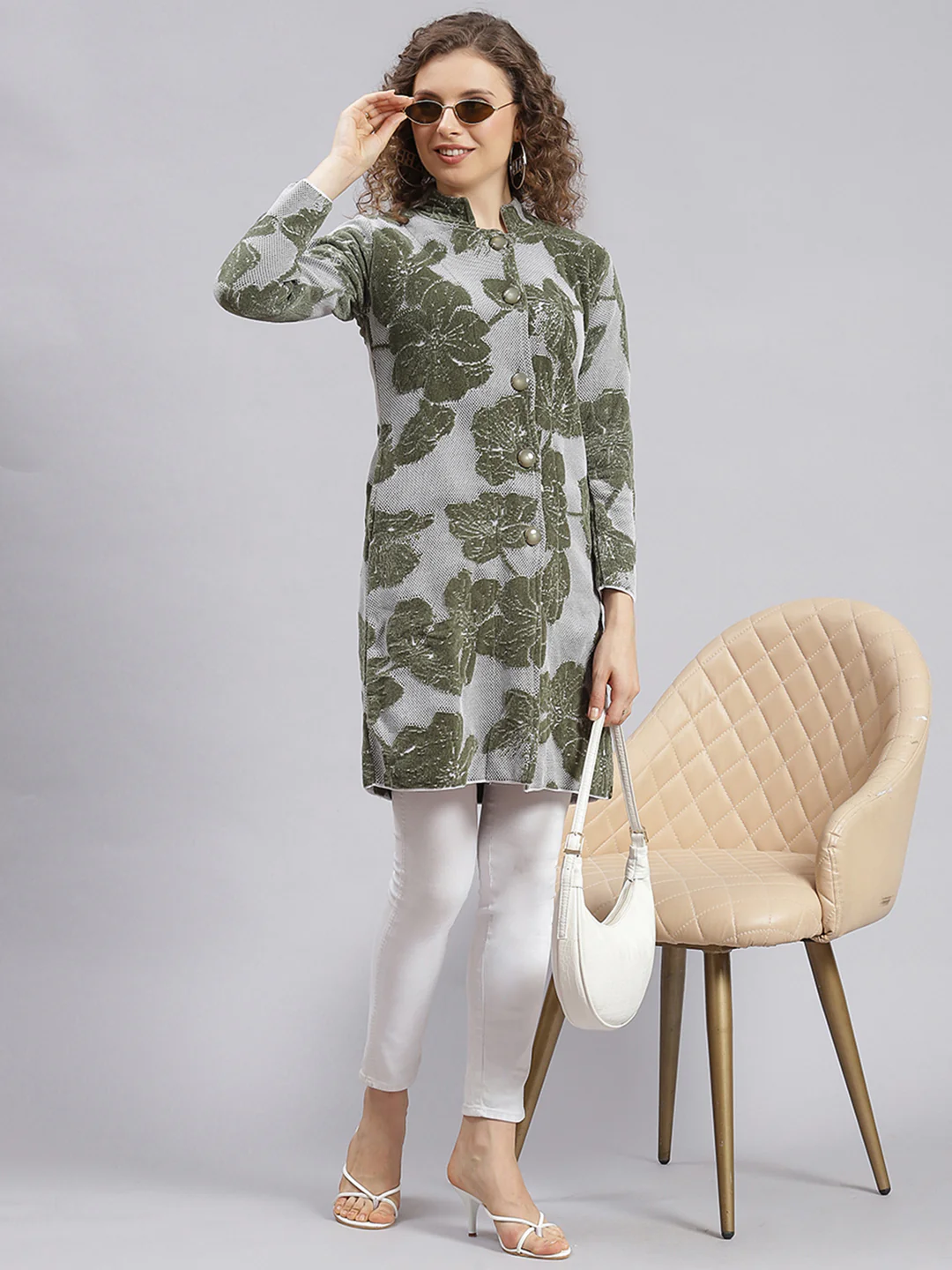 Women Olive Jaquard Wool blend Knitted Coat - Image 5