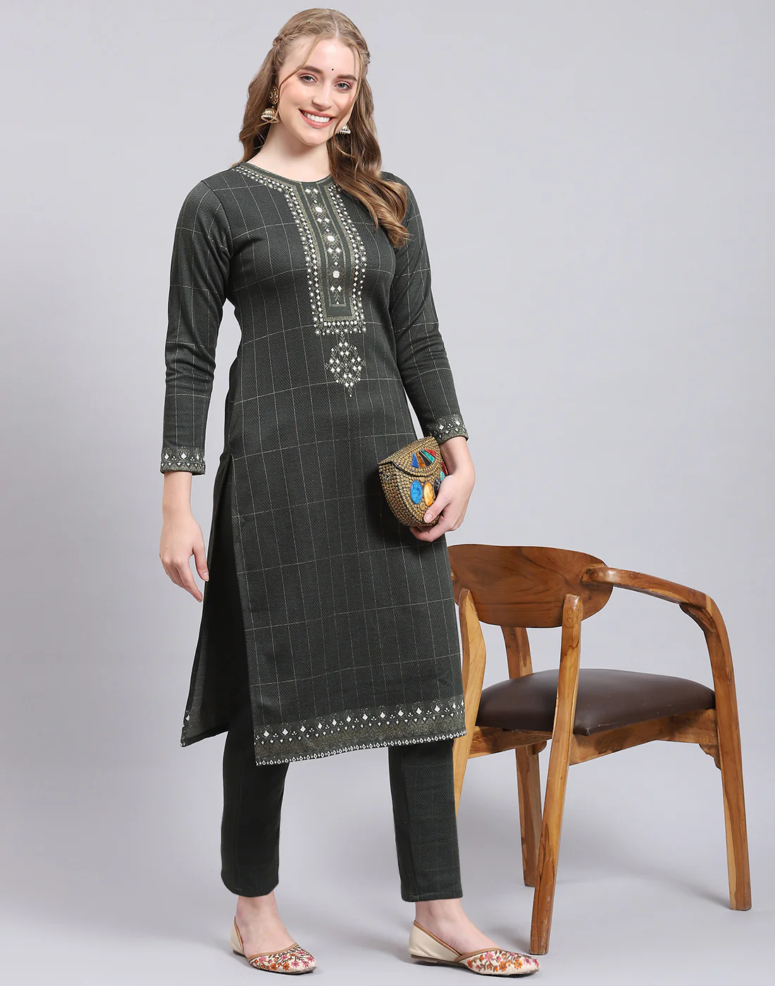 Women Olive Printed Collar Full Sleeve Kurtis Set - Image 2
