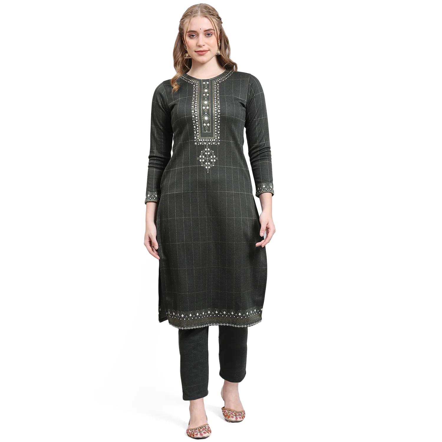 Women Olive Printed Collar Full Sleeve Kurtis Set - Image 5