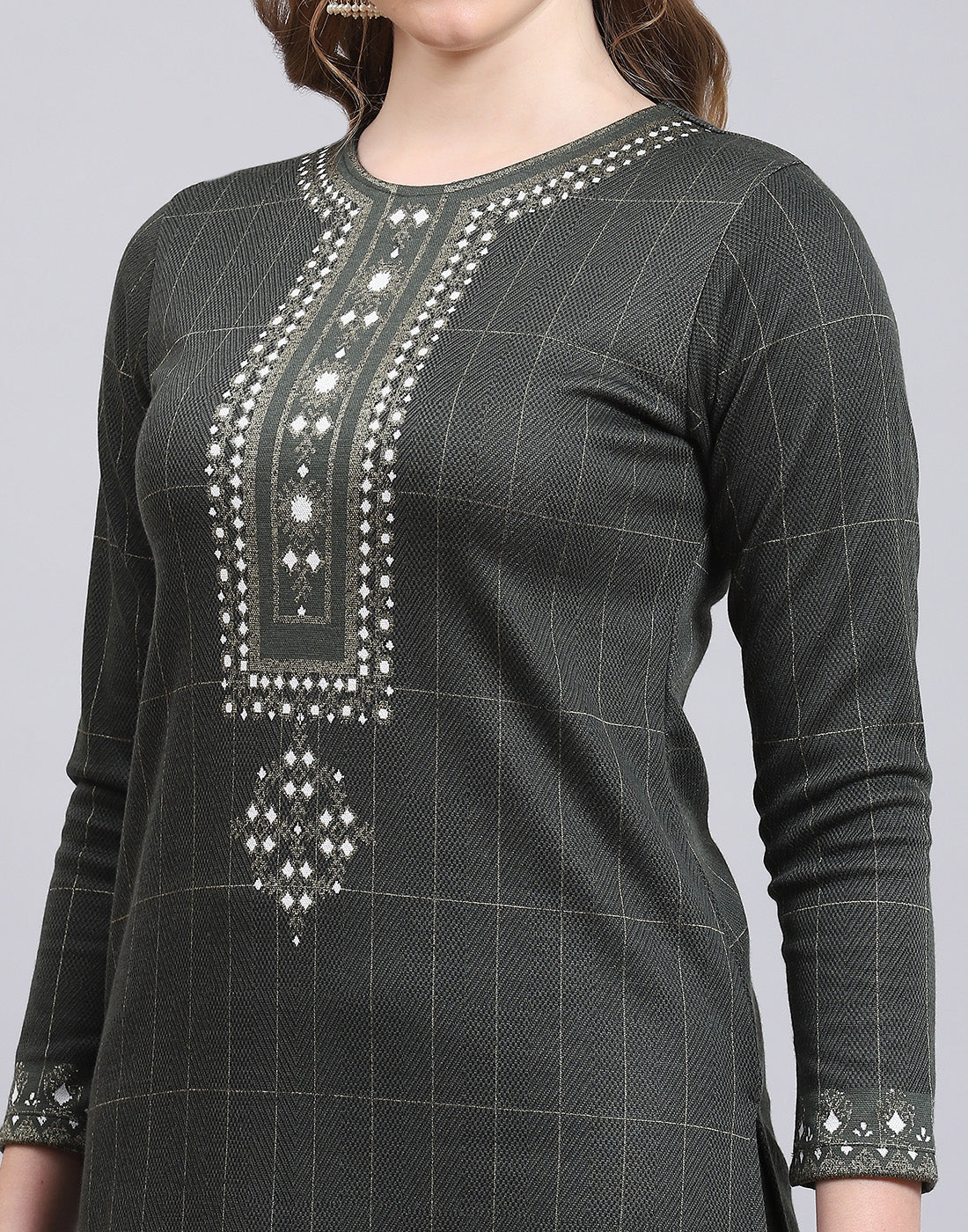 Women Olive Printed Collar Full Sleeve Kurtis Set - Image 8
