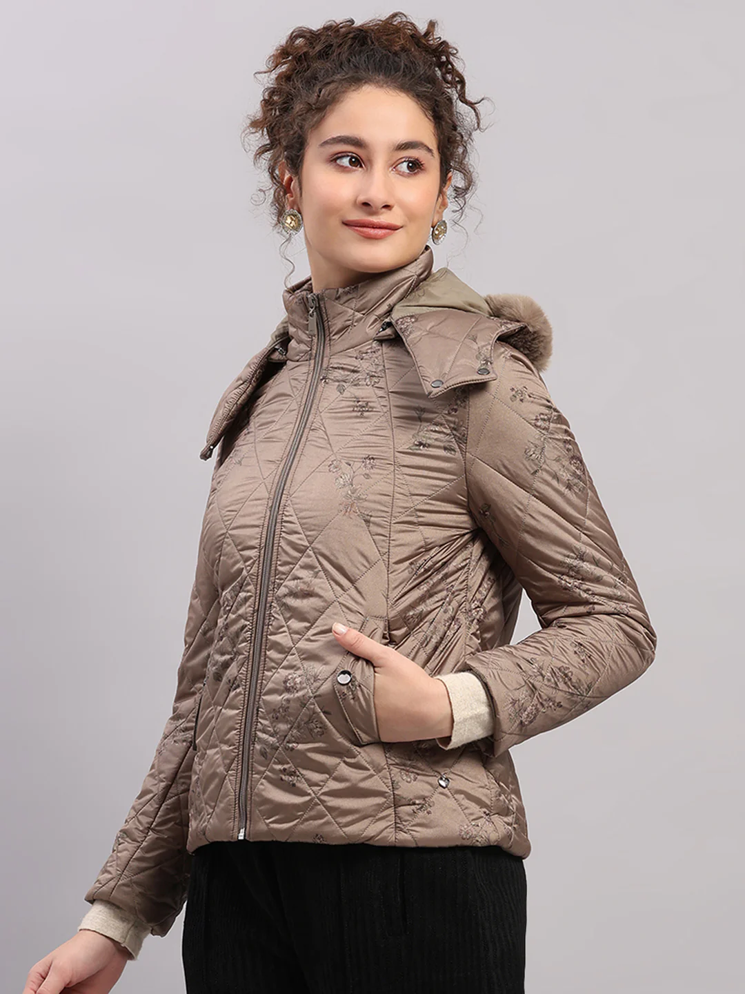 Women Olive Printed Hooded Full Sleeve Jacket - Image 3