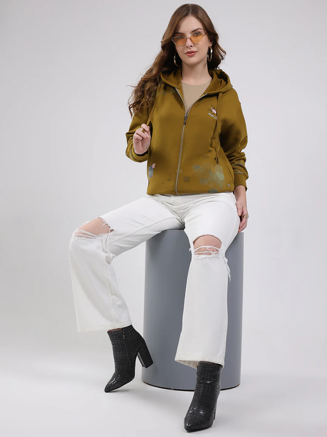 Women Olive Printed Hooded Full Sleeve Sweatshirt - Image 2