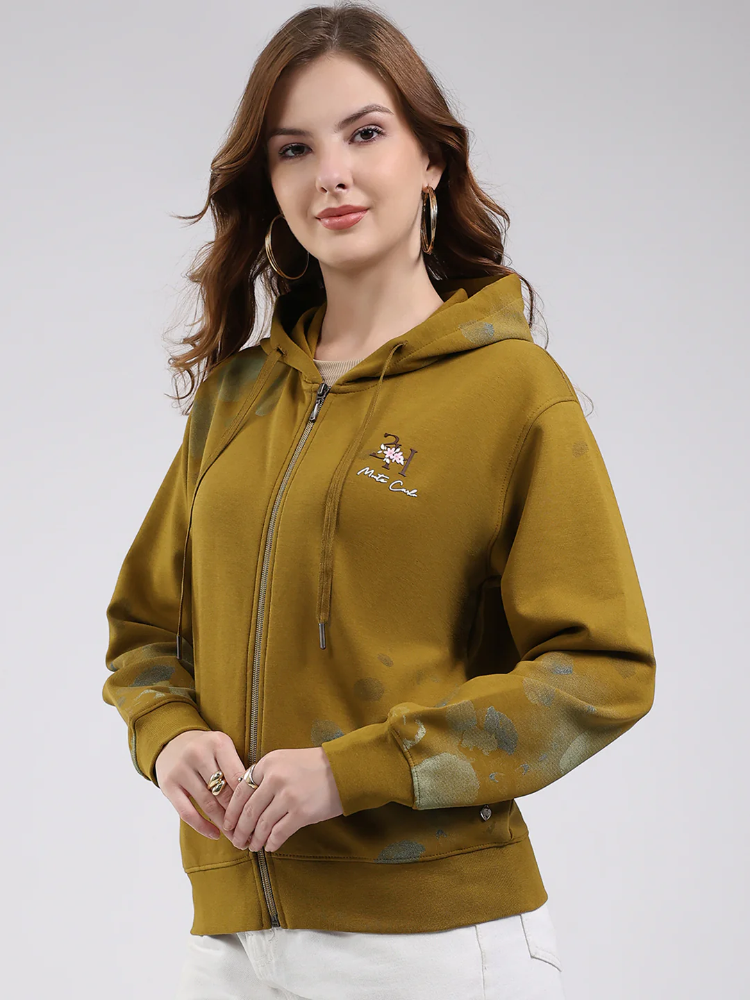 Women Olive Printed Hooded Full Sleeve Sweatshirt - Image 3