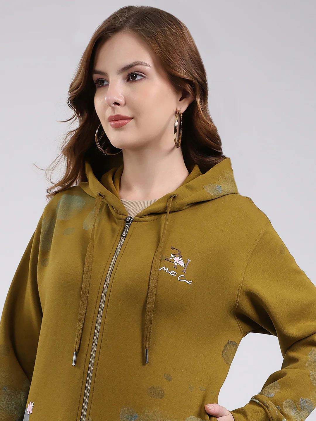 Women Olive Printed Hooded Full Sleeve Sweatshirt - Image 7