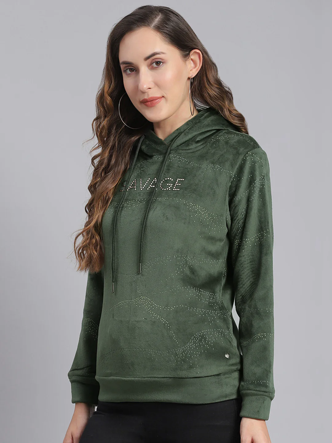 Women Olive Printed Hooded Full Sleeve Sweatshirts - Image 3