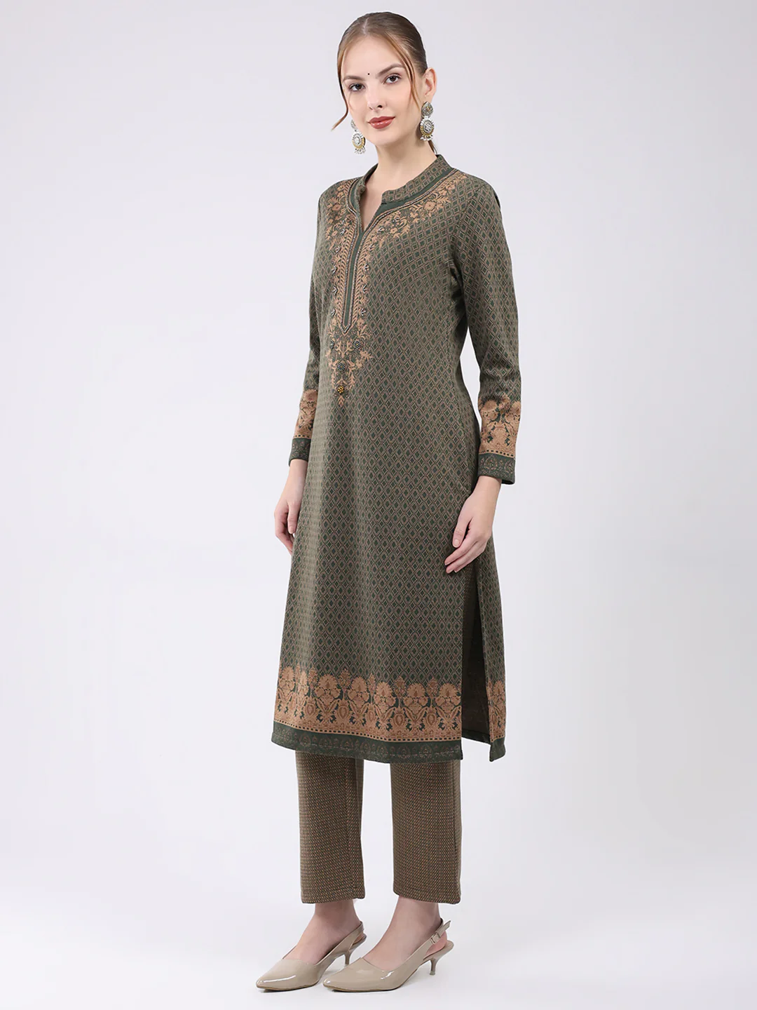 Women Olive Printed Round Neck Full Sleeve Kurti Set for Winter - Image 3