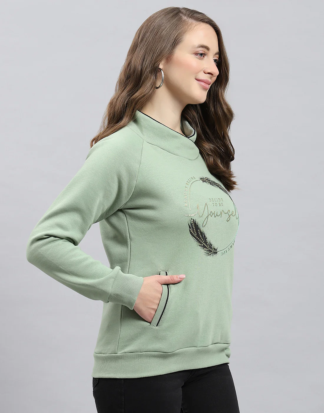 Women Olive Printed Round Neck Full Sleeve Sweatshirt - Image 4