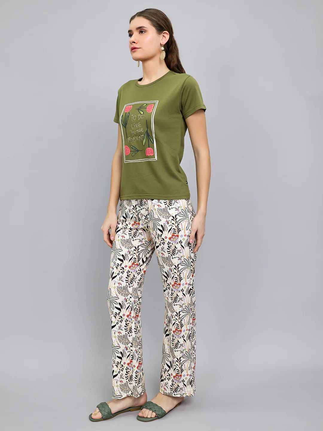 Women Olive Printed Round Neck Half Sleeve Lower Set - Image 2
