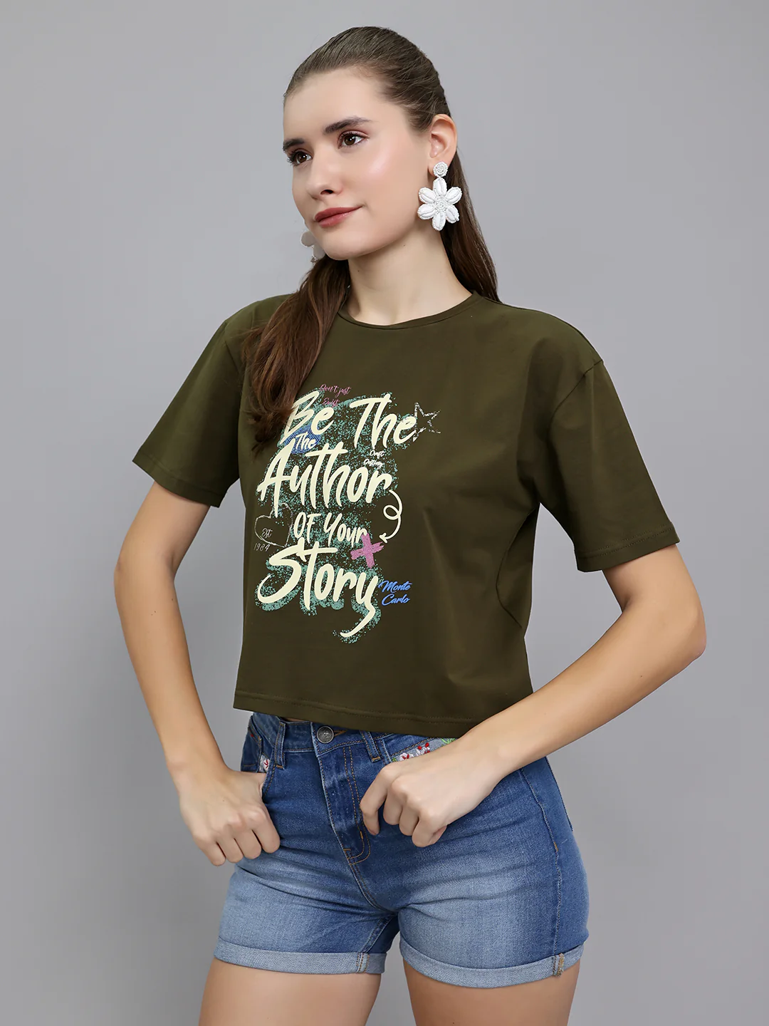 Women Olive Printed Round Neck Half Sleeve Top - Image 2