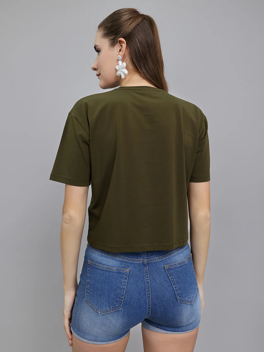 Women Olive Printed Round Neck Half Sleeve Top - Image 4