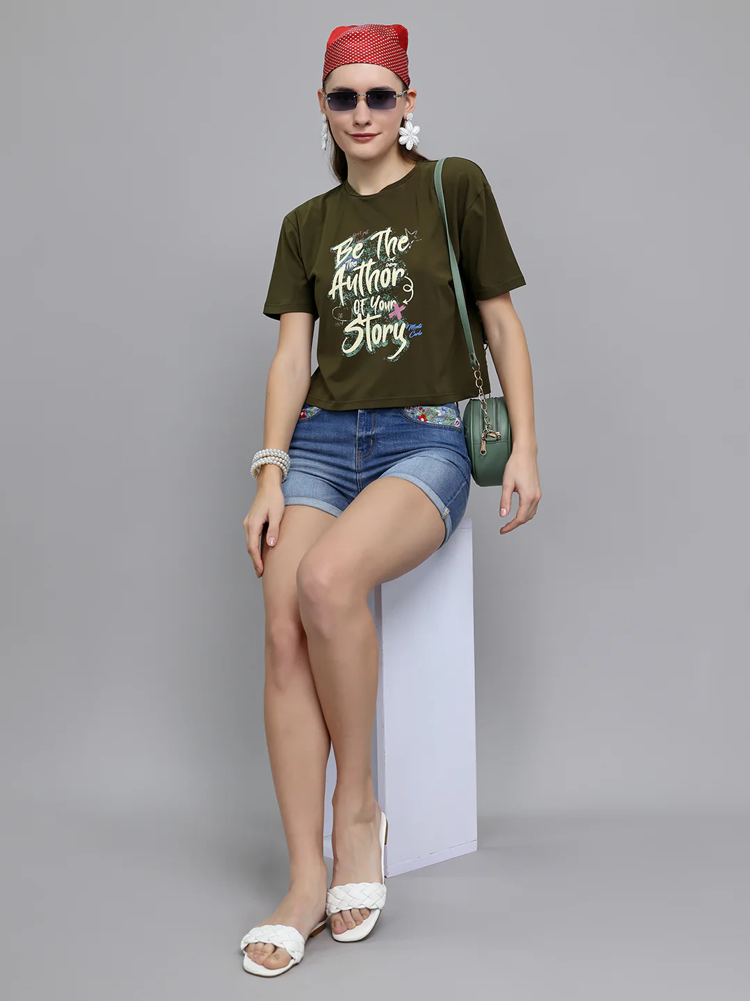Women Olive Printed Round Neck Half Sleeve Top - Image 6