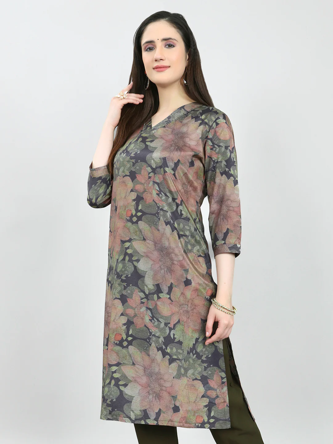 Women Olive Printed V Neck 3/4th Sleeve Kurti - Image 2