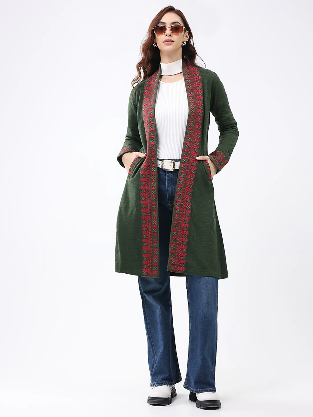 Women Olive Self Design Collar Full Sleeve Cardigan - Image 2