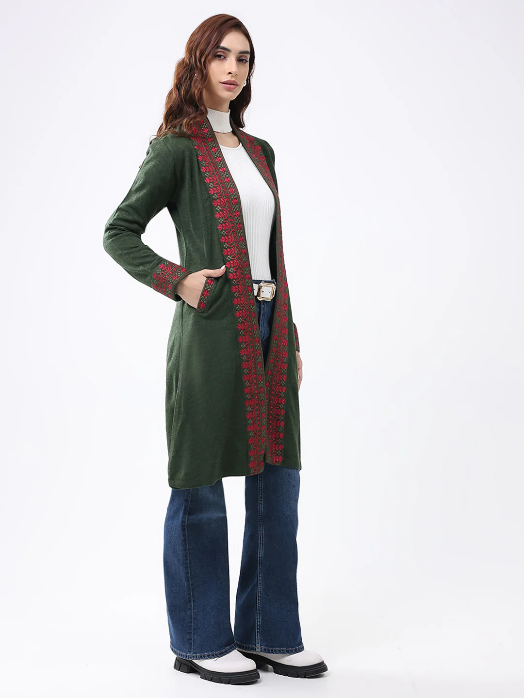 Women Olive Self Design Collar Full Sleeve Cardigan - Image 4