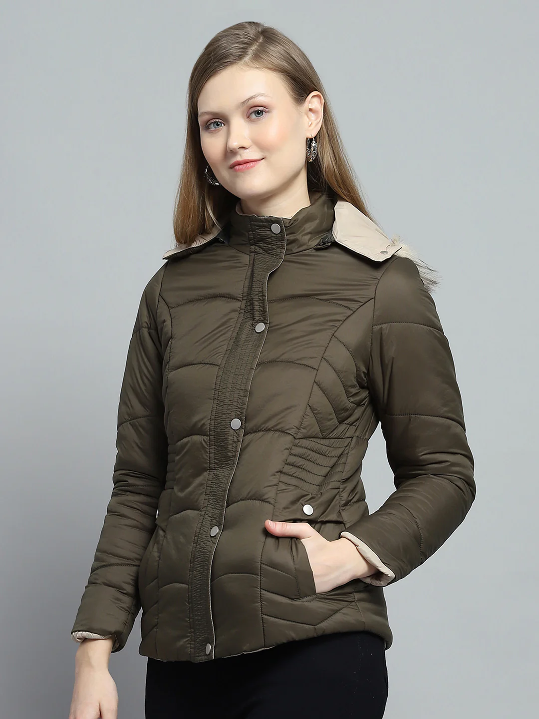 Women Olive Self Design Detachable Hood Full Sleeve Jacket - Image 3