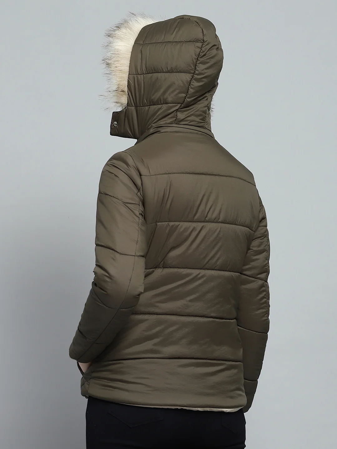 Women Olive Self Design Detachable Hood Full Sleeve Jacket - Image 5
