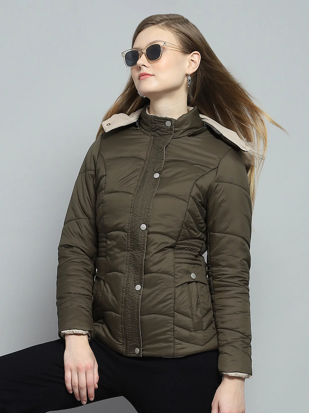 Women Olive Self Design Detachable Hood Full Sleeve Jacket - Image 6