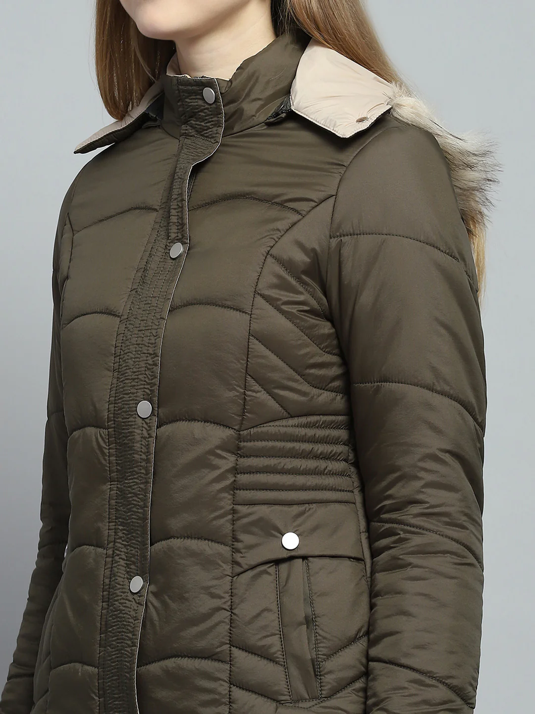 Women Olive Self Design Detachable Hood Full Sleeve Jacket - Image 8