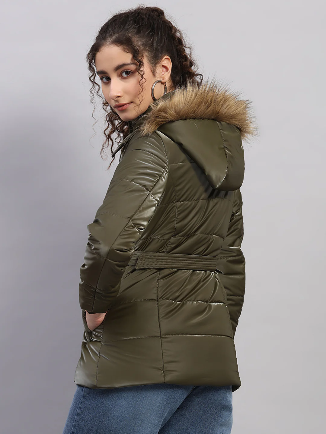 Women Olive Self Design Hooded Full Sleeve Jacket - Image 5