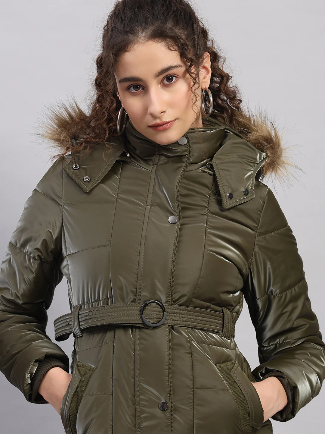 Women Olive Self Design Hooded Full Sleeve Jacket - Image 7