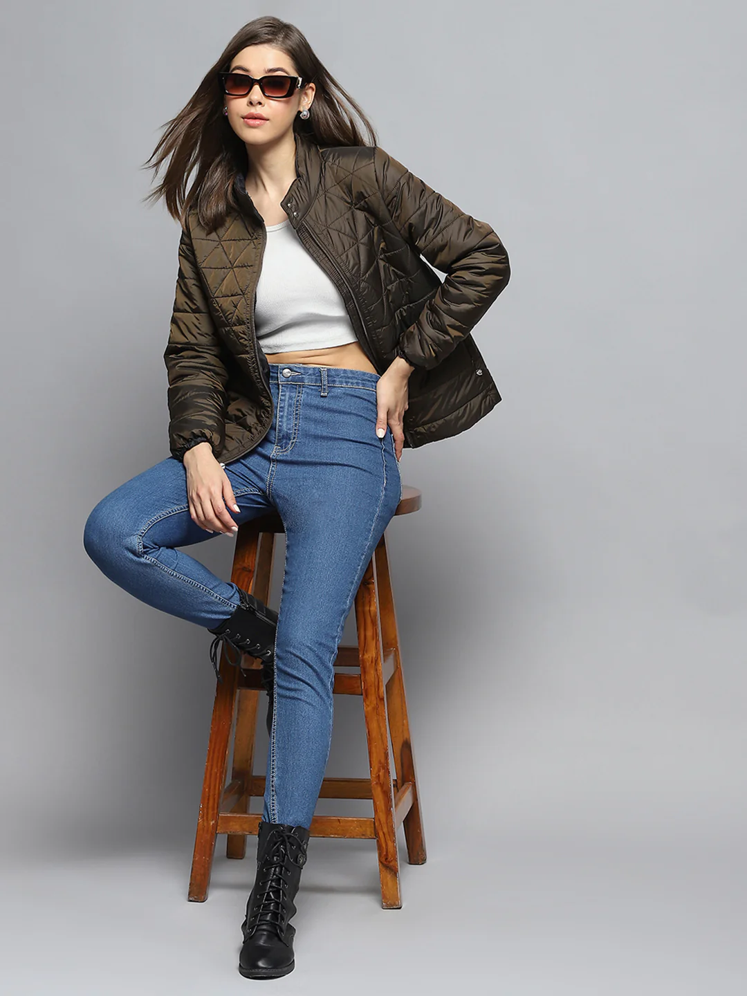 Women Olive Self Design Mock Neck Full Sleeve Jacket - Image 2