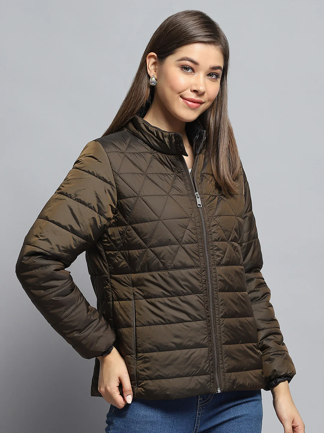 Women Olive Self Design Mock Neck Full Sleeve Jacket - Image 4