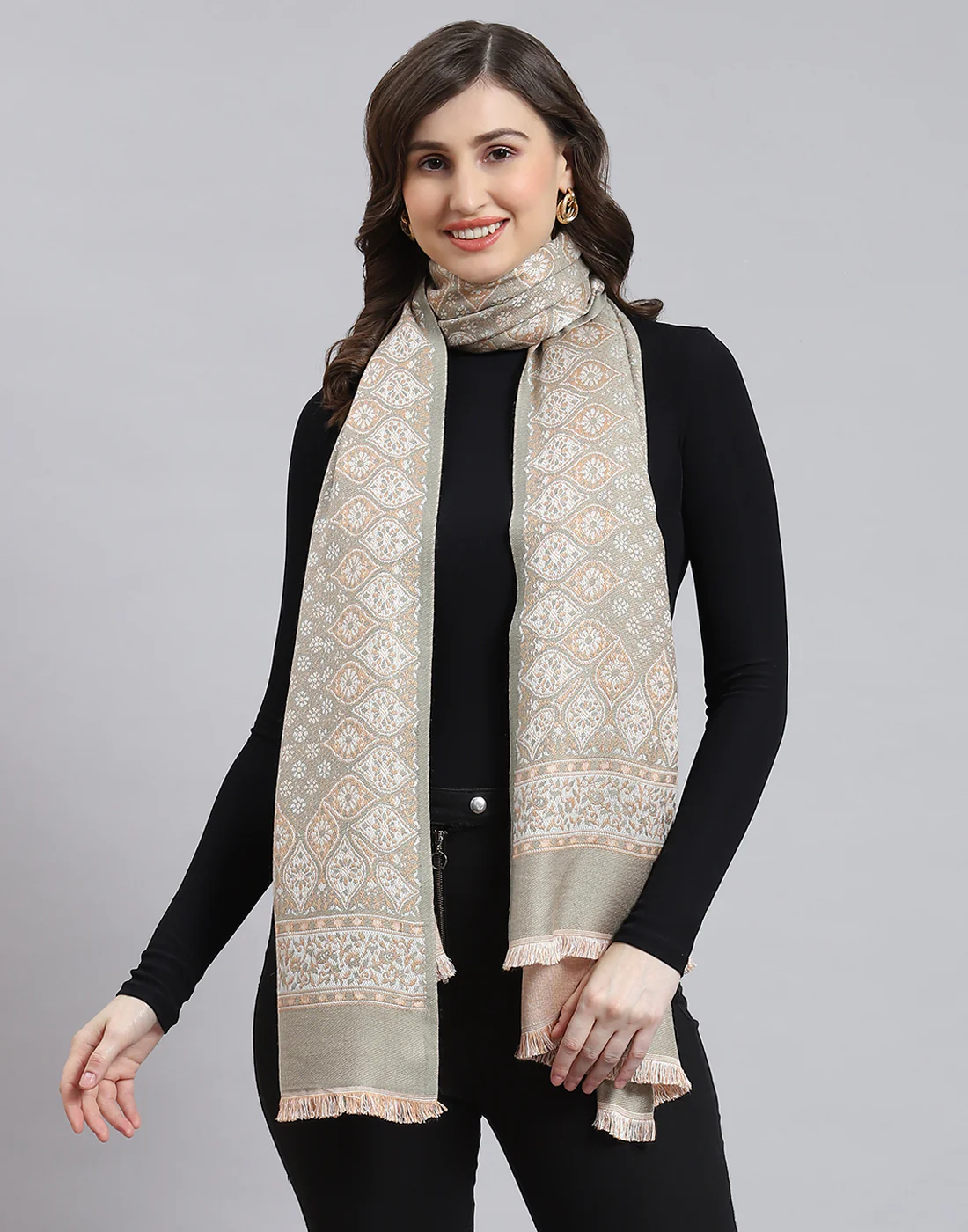 Women Olive Self Design Stole - Image 2