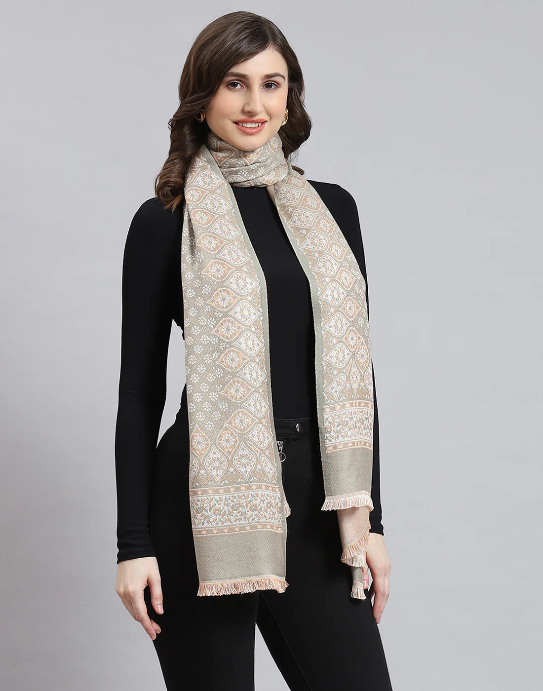 Women Olive Self Design Stole - Image 4