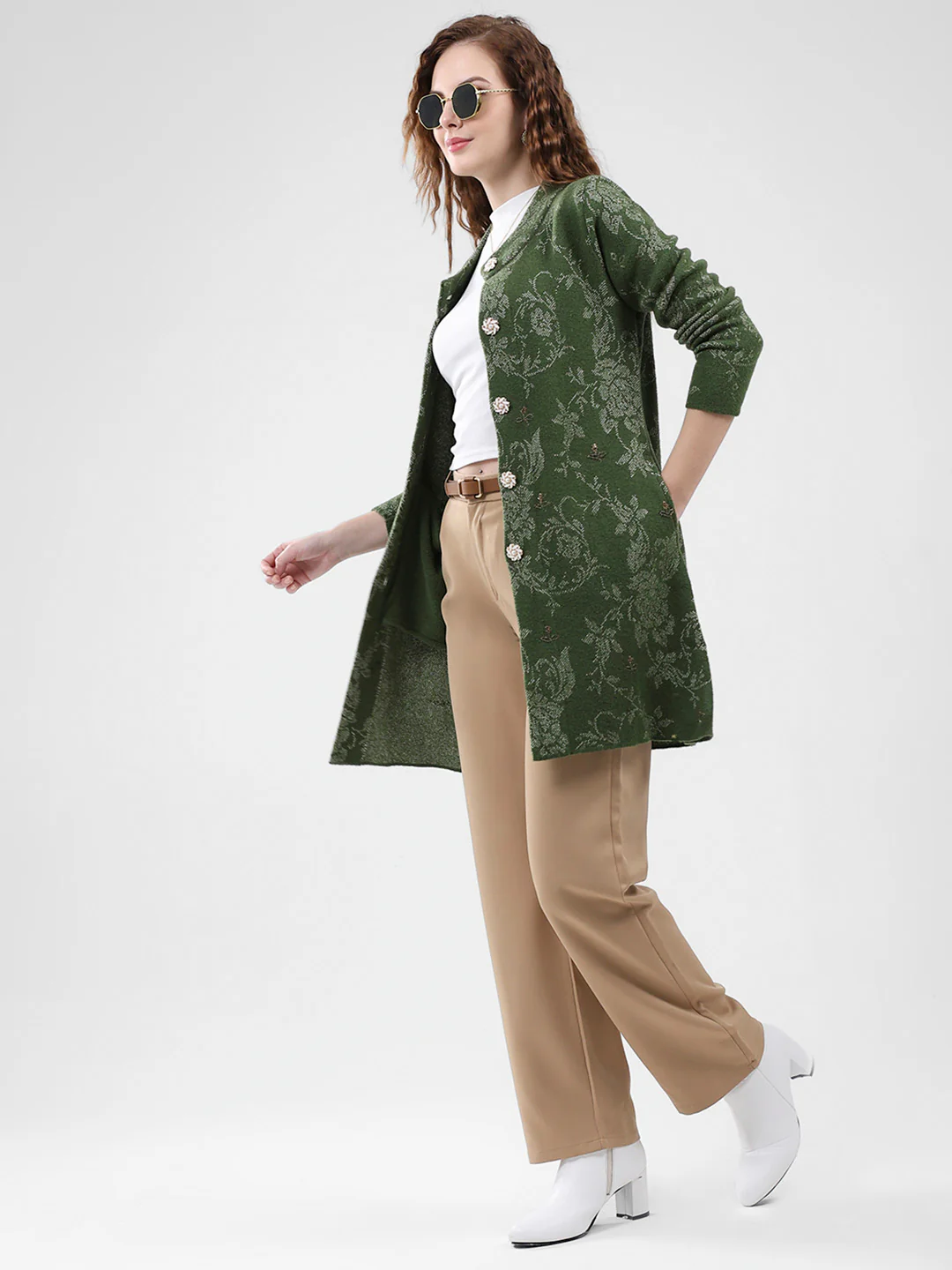 Women Olive Self Design Round Neck Full Sleeve Knitted Coat - Image 2