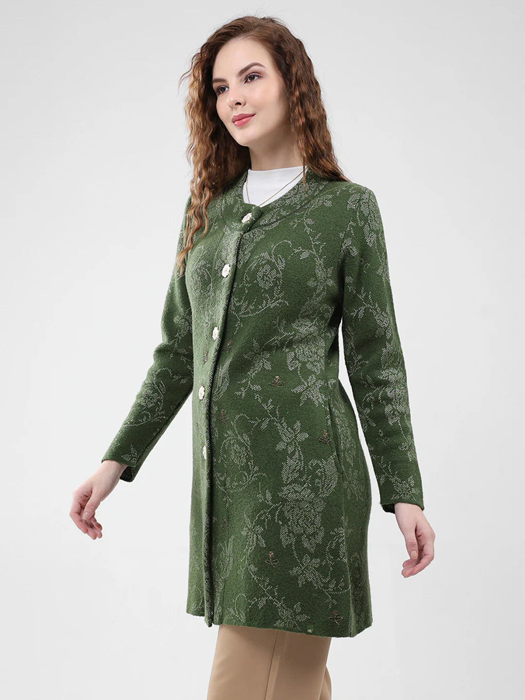 Women Olive Self Design Round Neck Full Sleeve Knitted Coat - Image 3