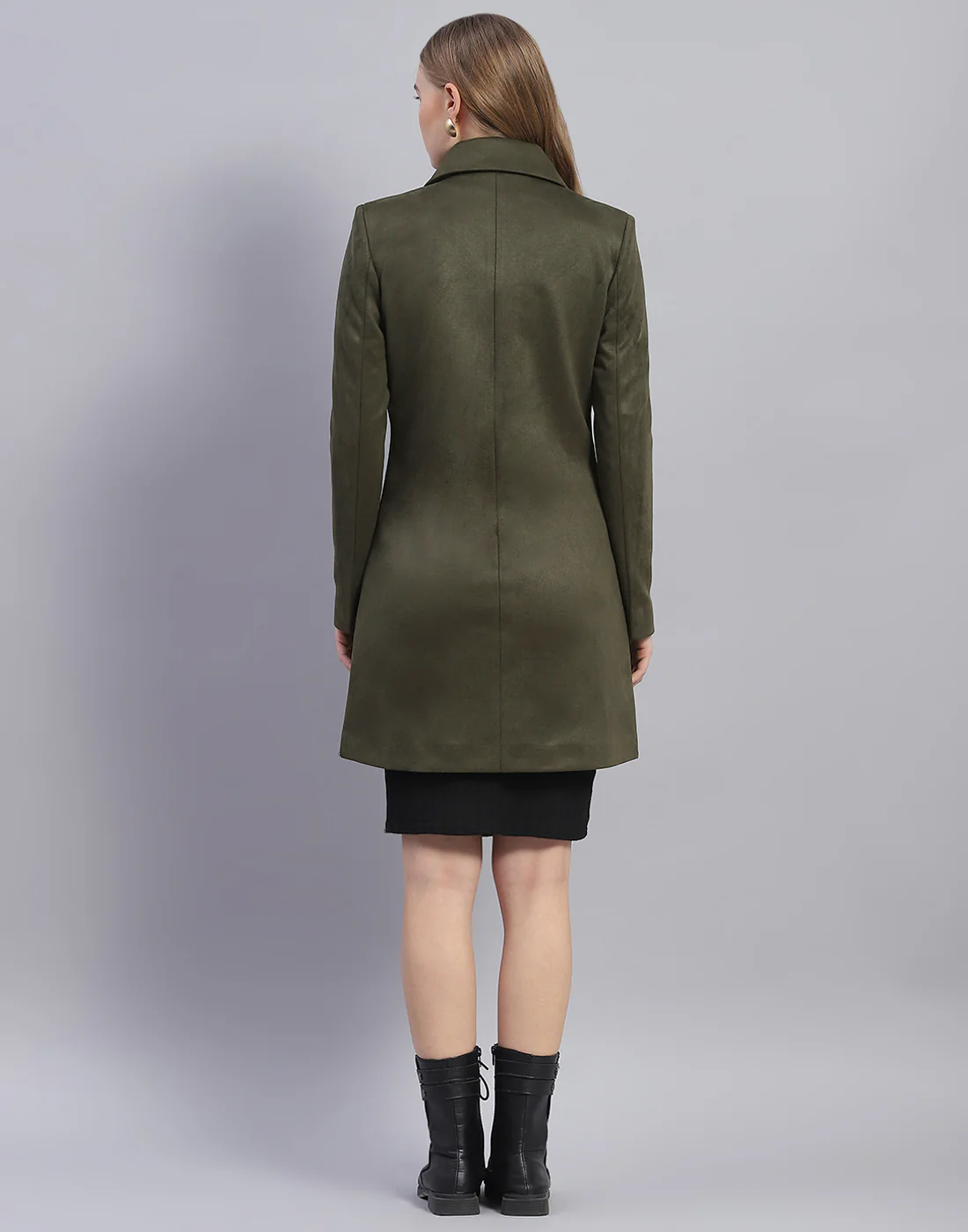 Women Olive Solid Collar Full Sleeve Coat - Image 5