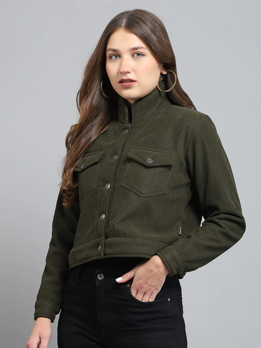 Rock.it Women Olive Solid Collar Full Sleeve Jacket - Image 3