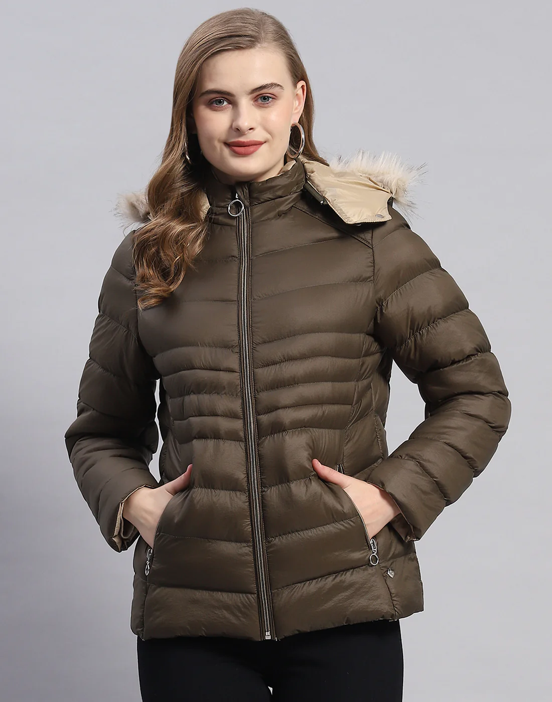 Women Olive Solid Hooded Full Sleeve Jacket - Image 2