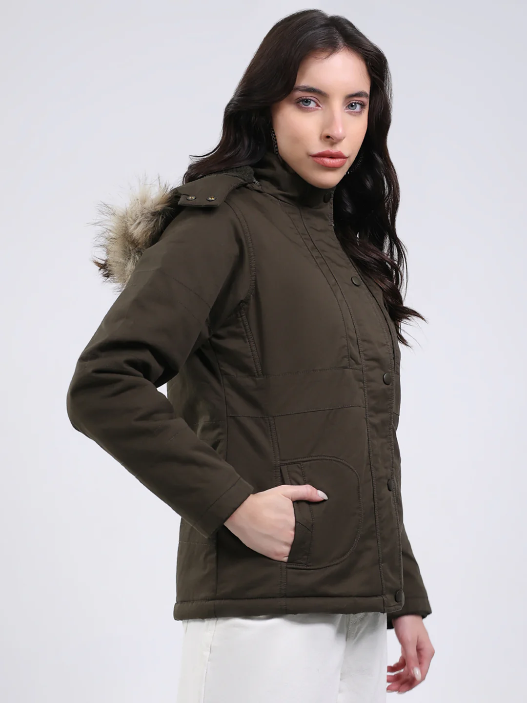 Women Olive Solid Hooded Full Sleeve Jacket - Image 4