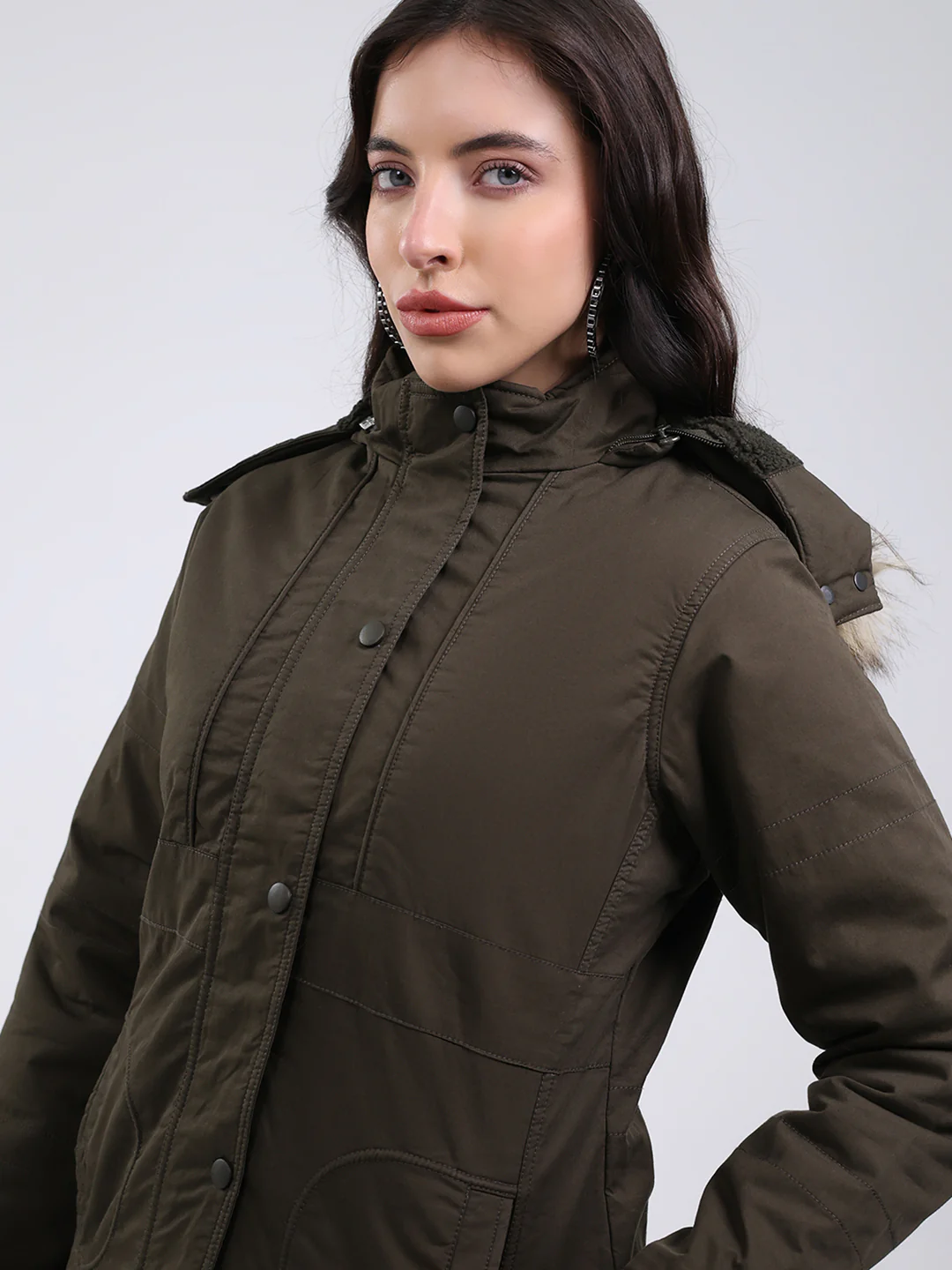Women Olive Solid Hooded Full Sleeve Jacket - Image 7