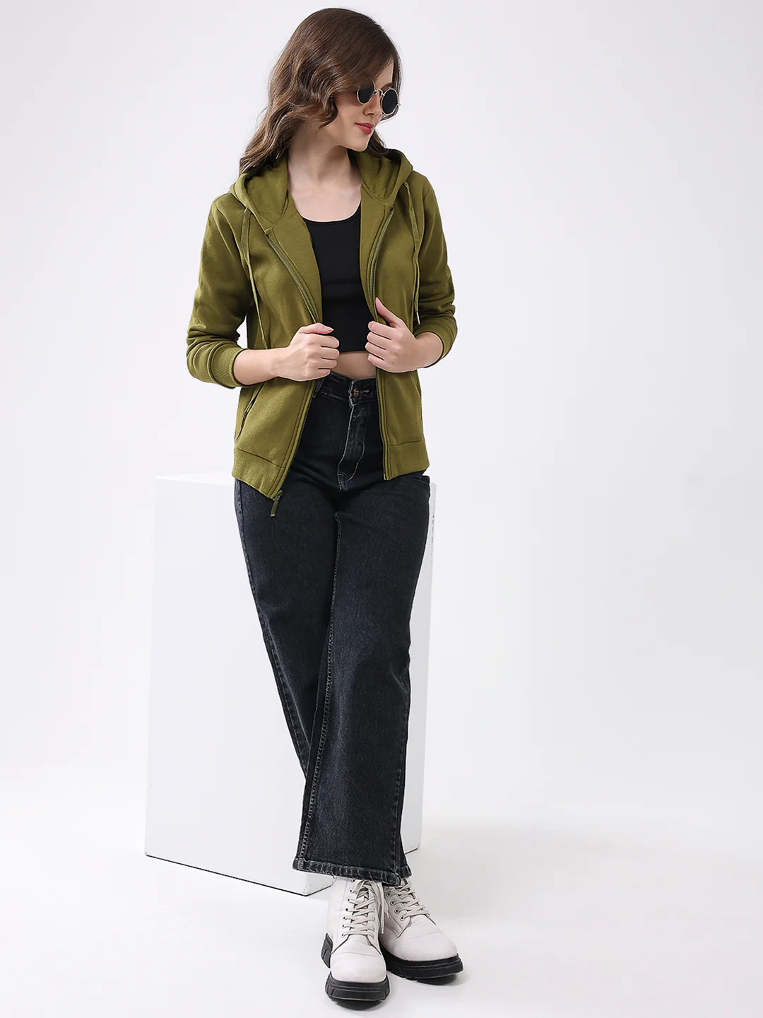 Women Olive Solid Hooded Full Sleeve Sweatshirt - Image 2