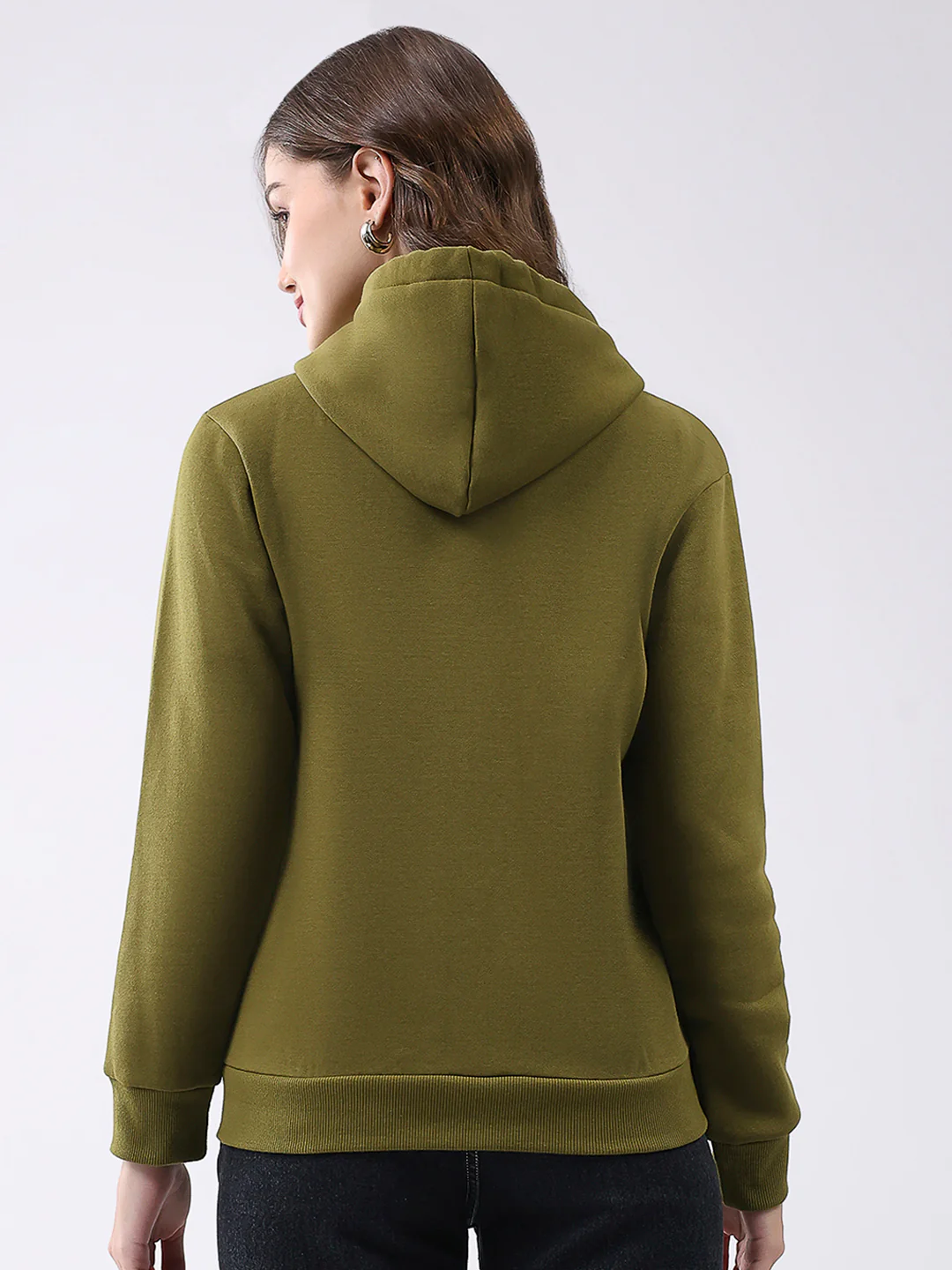 Women Olive Solid Hooded Full Sleeve Sweatshirt - Image 5
